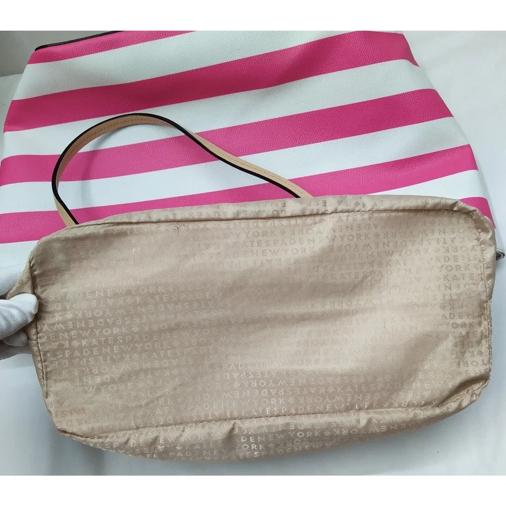 Kate Spade Pink Stripe Leather Trim Bow Double Handles Zipper Tote Shoulder Bag